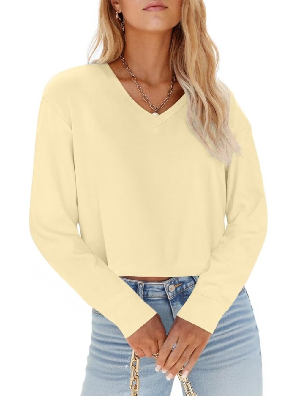 Women's Off White Short Sleeve V Neck Cropped Casual Crop Tops T Shirts
